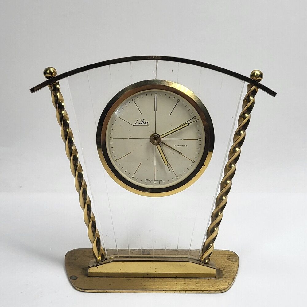 Liha 7 Jewels Alarm Clock Germany Vintage Glass & Brass PARTS REPAIR AS-IS